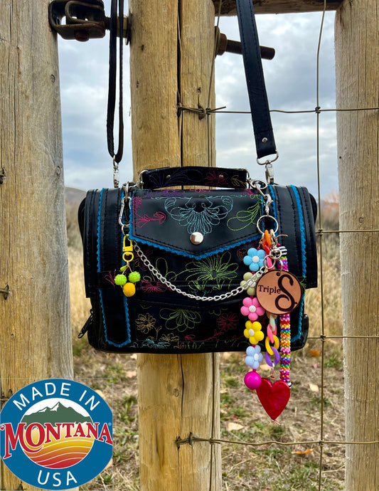 Embroidered Black Leather Carry Concealed Bag Large
