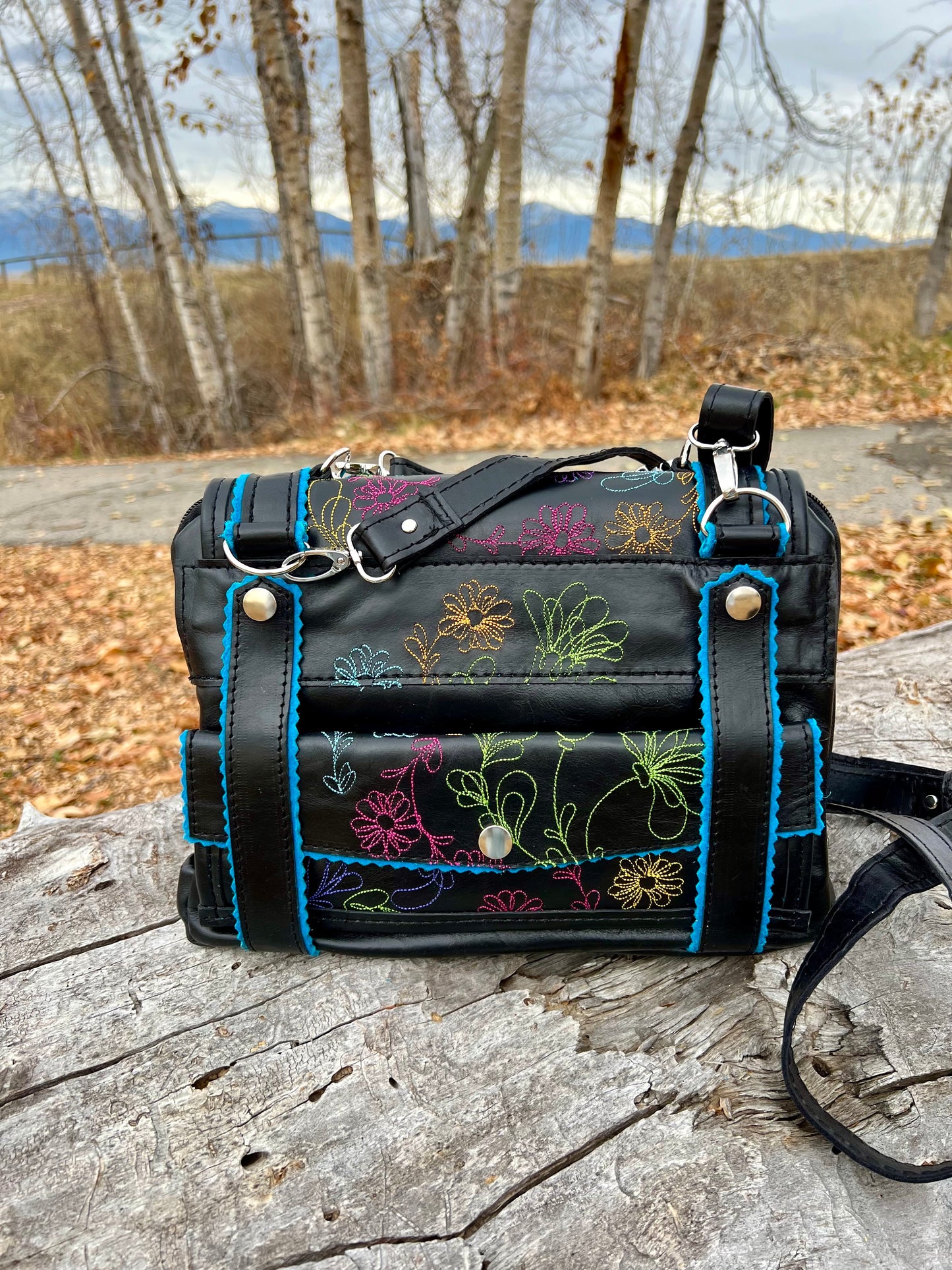 Embroidered Black Leather Carry Concealed Bag Large
